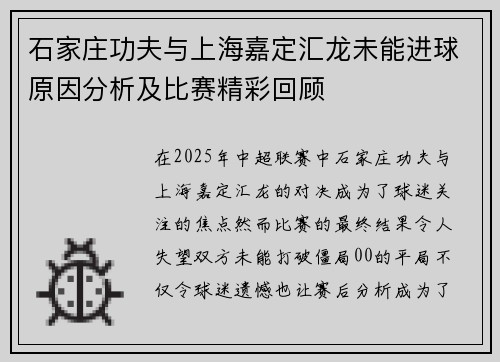 石家庄功夫与上海嘉定汇龙未能进球原因分析及比赛精彩回顾
